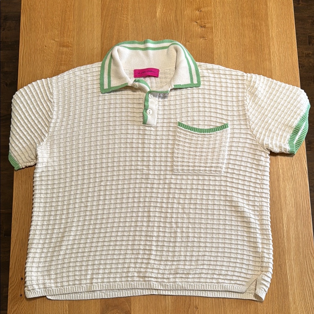 Elder Statesmen Men’s Waffle White and Green Polo Sweater